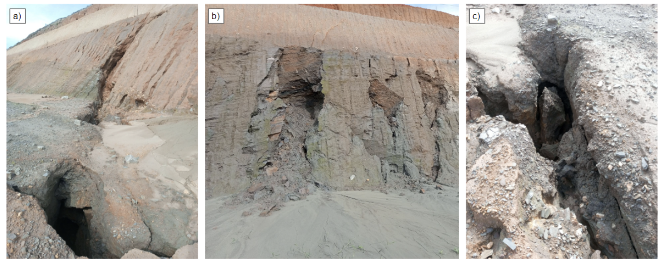Three images of a steep, rocky, and eroded canyon or cliffside with visible layers of sedimentary rock and large cracks.