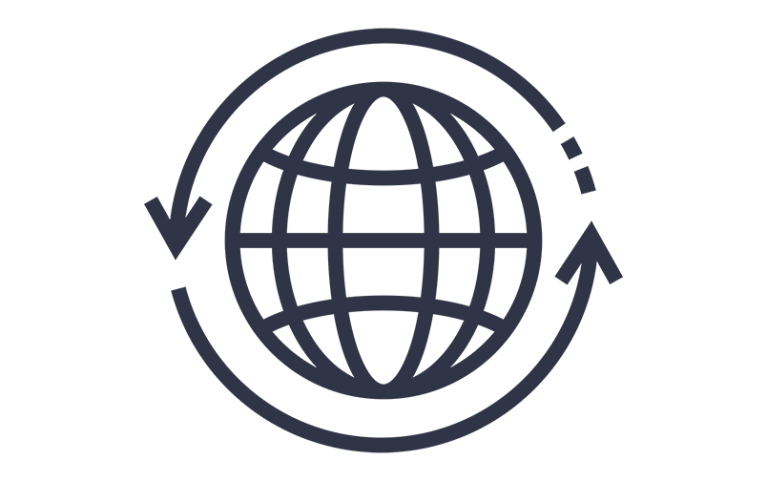 Globe icon with circling arrows, symbolising SkyGeo’s global InSAR ground motion coverage and data delivery