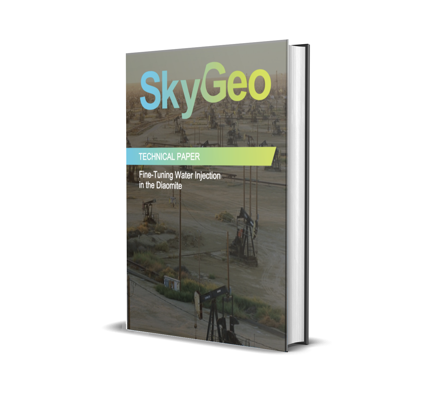 SkyGeo technical paper cover featuring an oil field with pumpjacks, describing how InSAR monitoring tracks reservoir compaction and surface subsidence.
