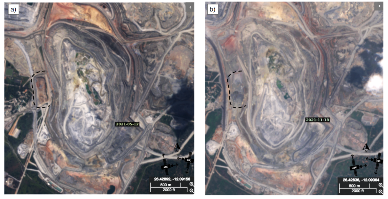 Aerial comparison map of an open-pit mine showing changes between May 12, 2021, and November 18, 2021, with the mining area outlined by a dashed line.