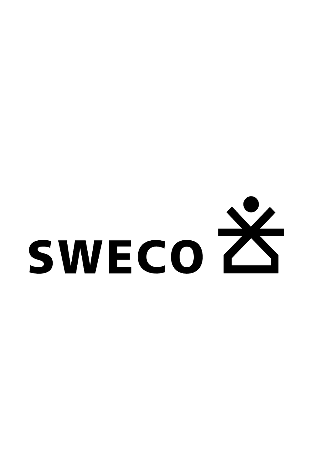Black and white logo with the word 'SWECO' and a stylized human figure with arms raised, resembling a star or a person with outstretched arms.