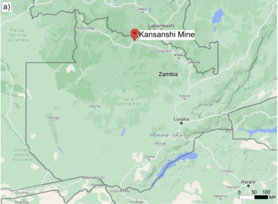 Map of Zambia highlighting Kansenshi Mine location in the northern part of the country near Ndola.