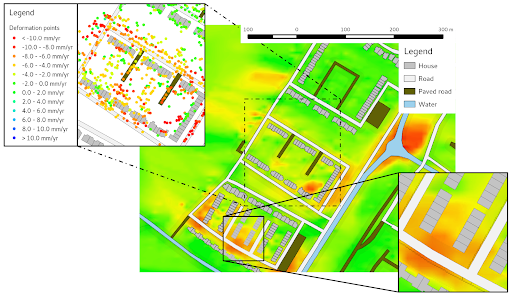 Hydraulic flow map of a residential area combining InSAR-based subsidence patterns with hydraulic modelling to show water flow rates and flood risk.