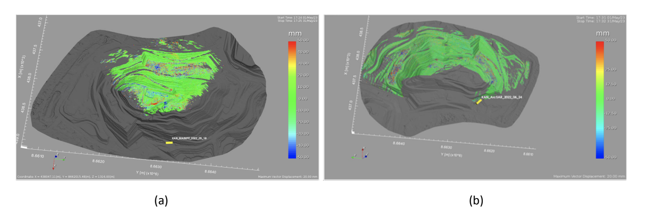3D topographical scans of a geological or archaeological site showing elevation data in color, with a color gradient scale from blue to red indicating height differences.
