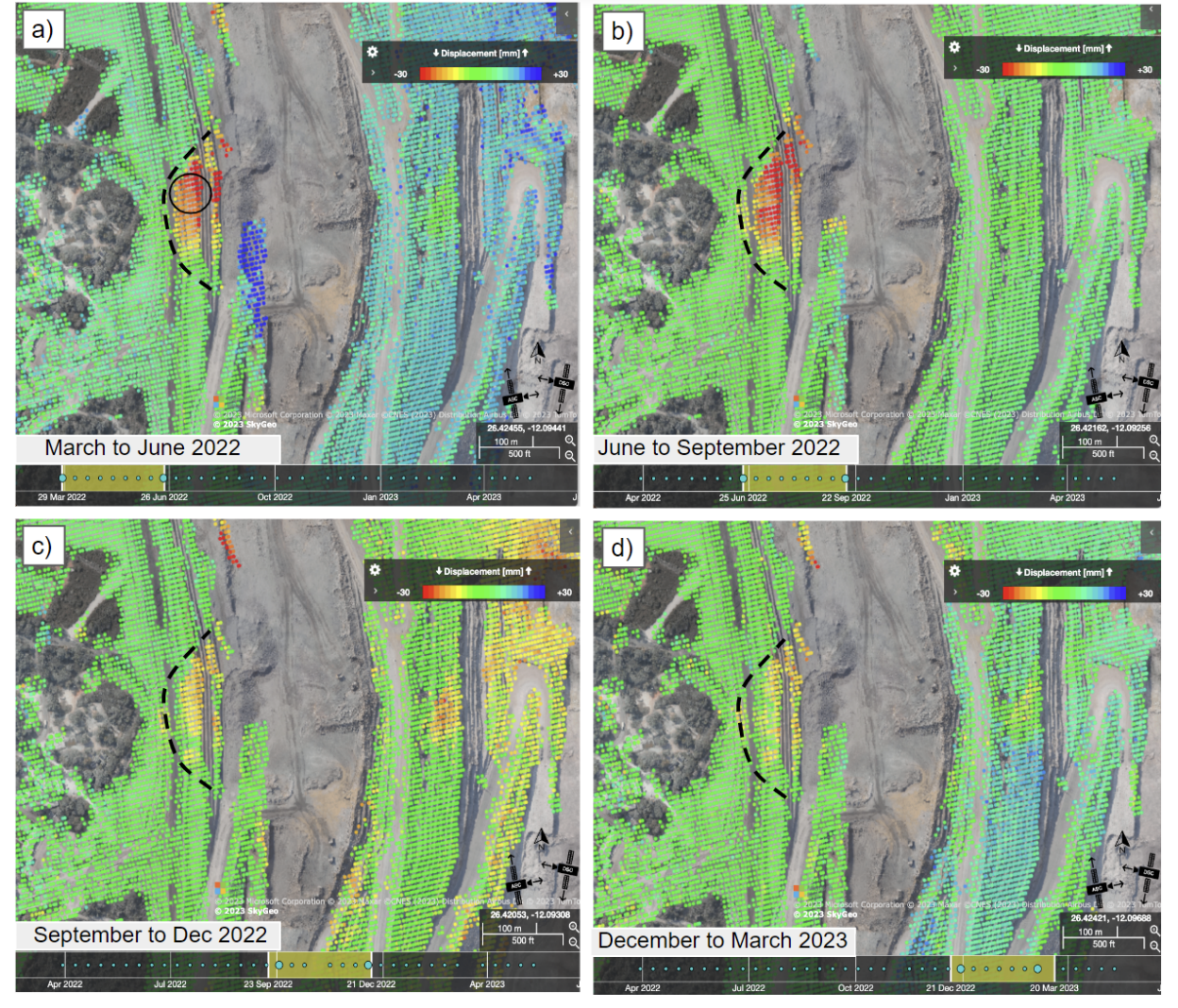 A series of four maps showing land surface displacement from March 2022 to March 2023. Each map displays color-coded displacement values, with green indicating minimal movement, yellow and orange indicating moderate displacement, and red indicating high displacement. The maps are labeled with time periods: March-June 2022, June-September 2022, September-December 2022, and December-March 2023.