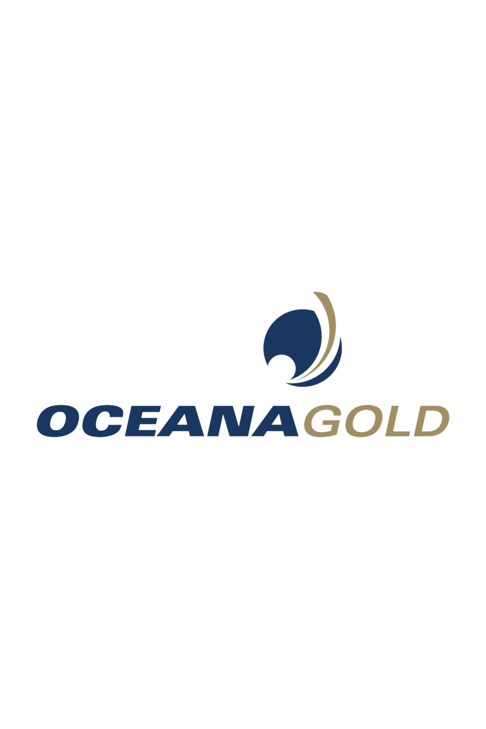 Logo for Oceanagold company featuring a stylized wave in dark blue and gold, with the words "OCEANA GOLD" in bold blue and gold text.