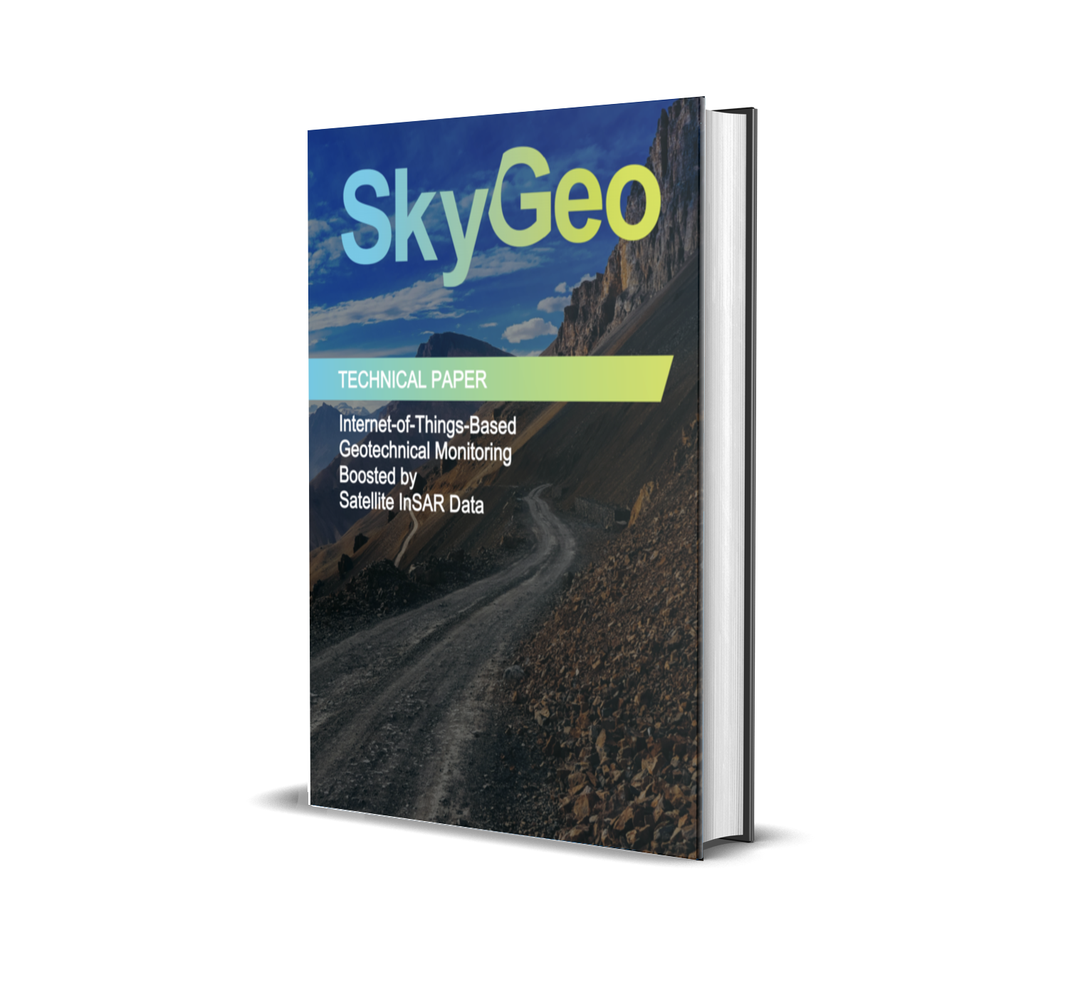 SkyGeo technical paper on IoT-based geotechnical monitoring boosted by Satellite InSAR data, set against a mountainous landscape and access road.