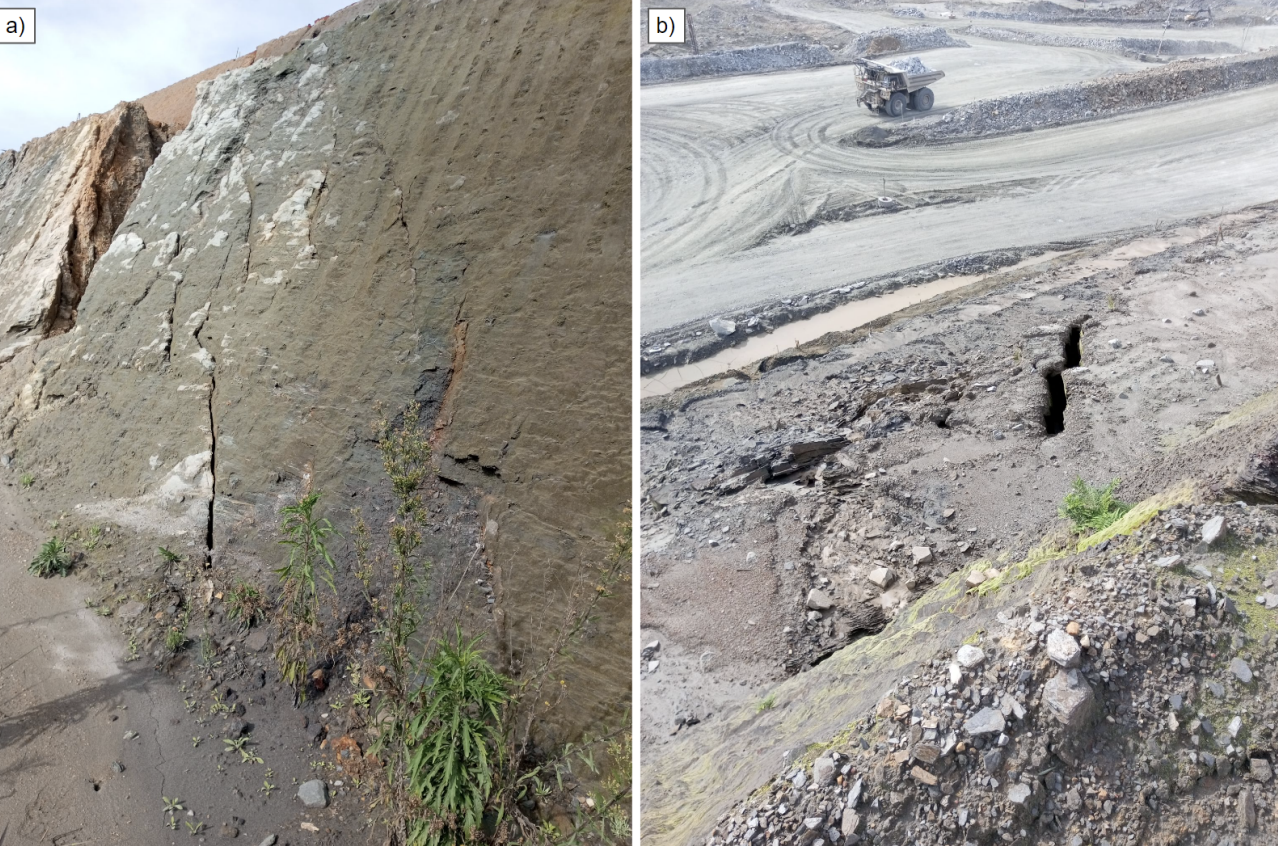 Side-by-side images of a rock face with cracks and sparse vegetation on the left, and an open-pit mining site with large trucks, dirt roads, and visible soil disruption on the right.