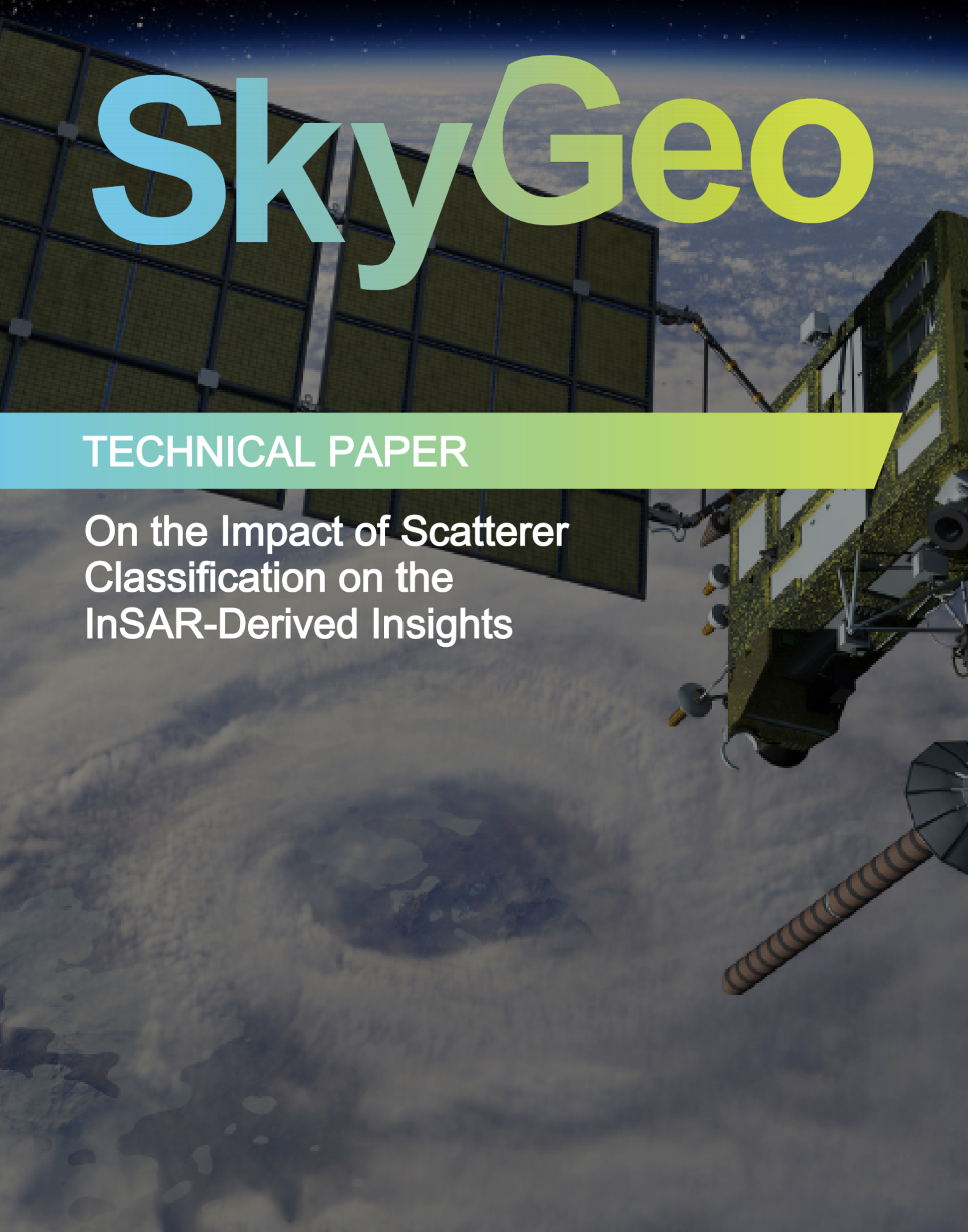 SkyGeo technical paper cover with a satellite orbiting Earth, representing global InSAR ground deformation monitoring services.