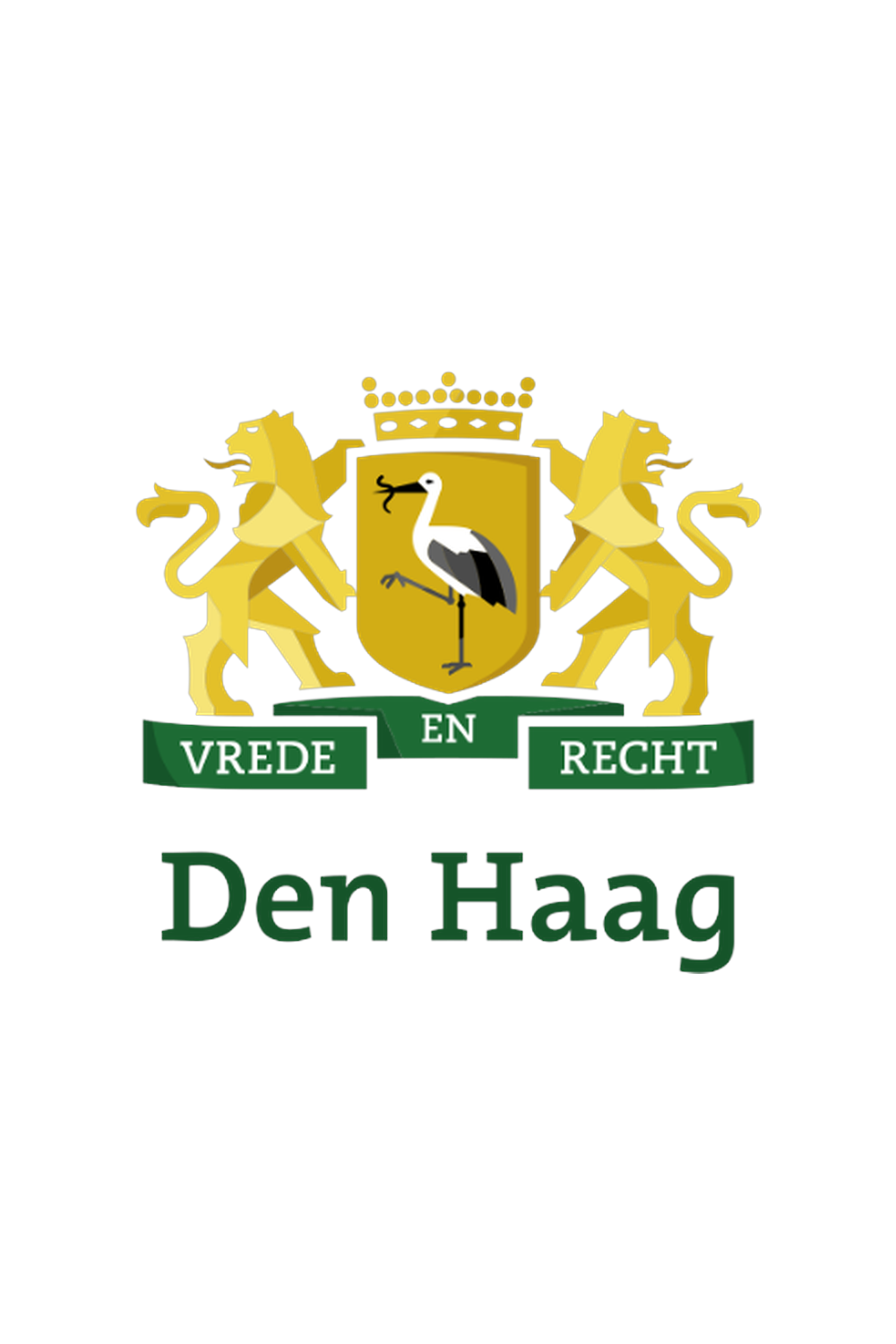 Coat of arms with two golden lions holding a shield featuring a stork, topped with a crown. Below, a green ribbon displays the words "VREDE EN RECHT" and above that, the text "Den Haag" in green and purple.