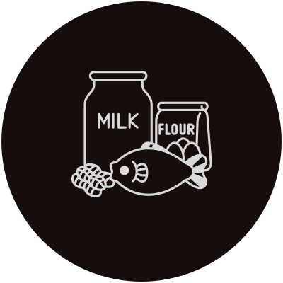 Illustration of a milk jar, a flour canister, a fish, and a honey dipper.