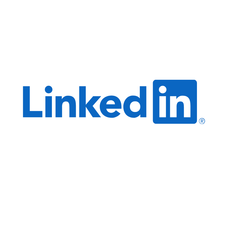LinkedIn logo with blue text and a blue square with 'in' inside.