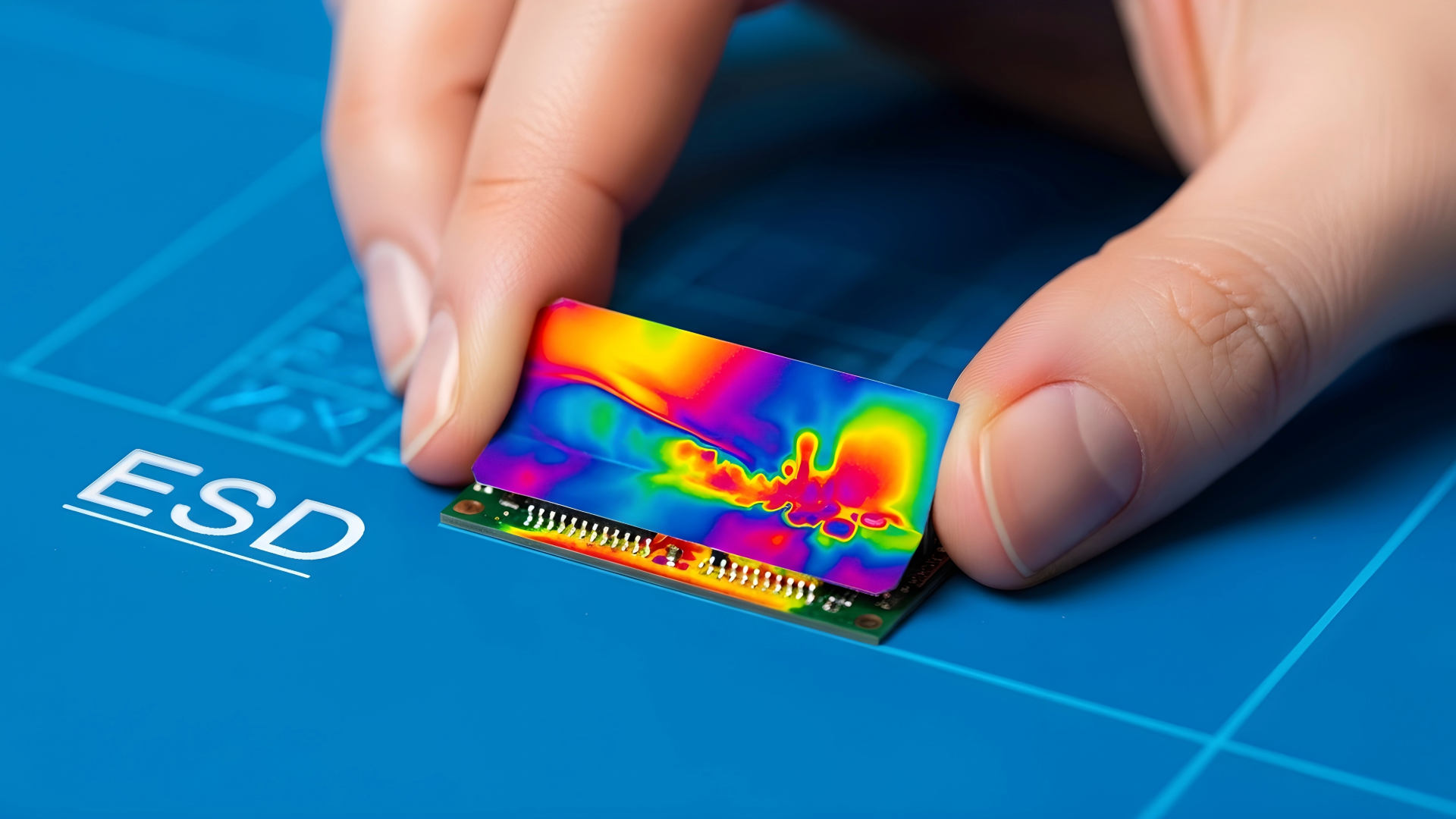 Main tenant un circuit imprimé avec un capteur ou une caméra thermique affiche un schéma coloré, posé sur un tapis de travail bleu avec l'inscription 'ESD'.
