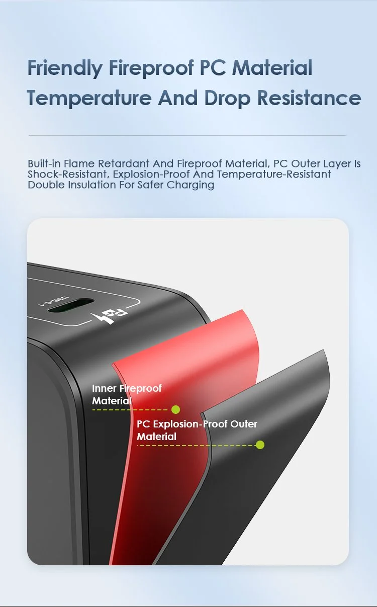 Illustration d'un matériau pour ordinateur portable, montrant une couche interne ignifuge et une couche extérieure résistante aux explosions, avec texte en français décrit le matériau comme étant ignifuge et résistant à la chaleur, conçu pour la sécu