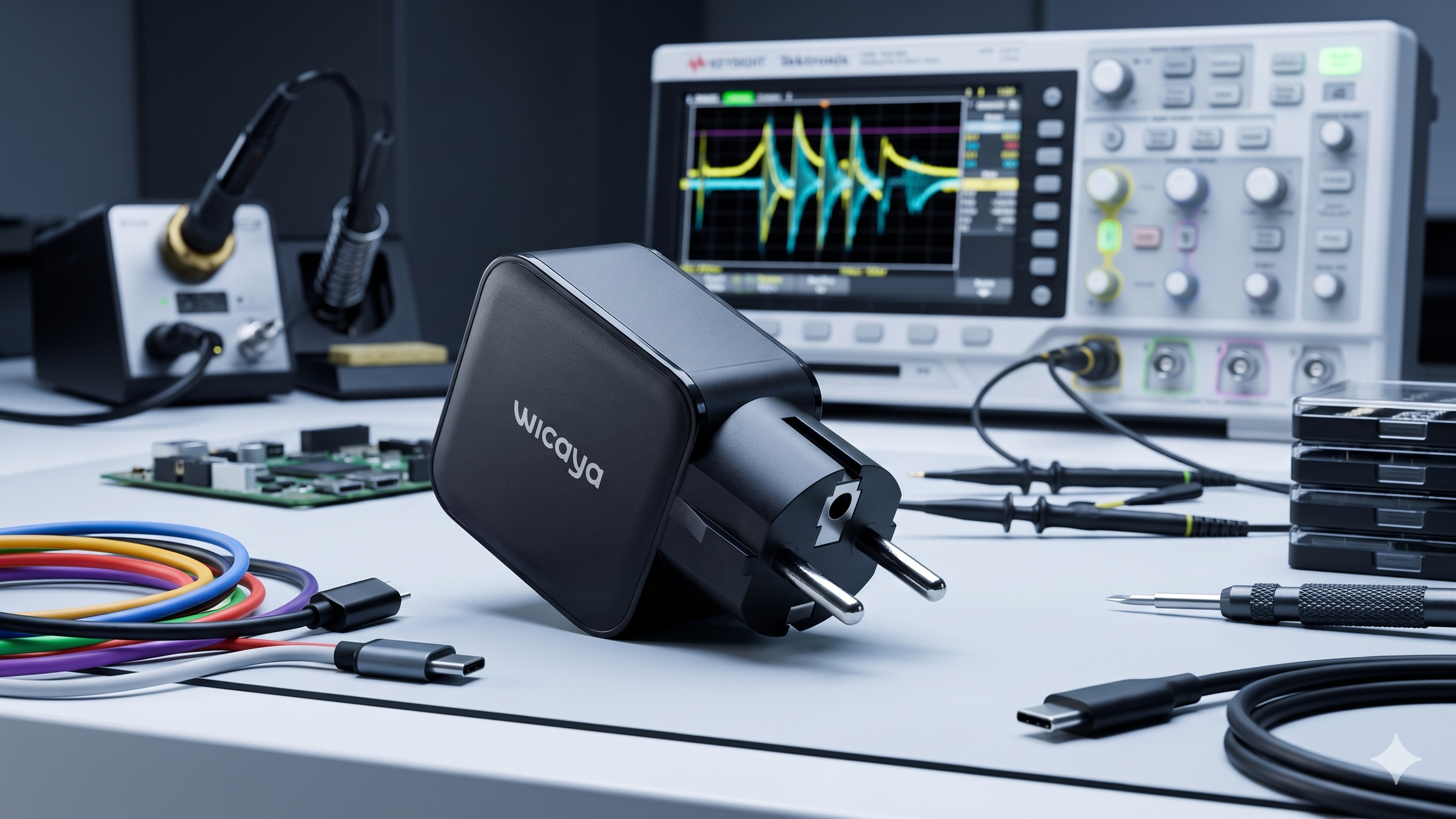 Un laboratoire d'électronique avec un oscilloscope, des outils, des câbles colorés, une chargeur WICaYa, une carte électronique et divers composants électroniques.