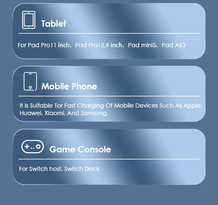 Tableau avec sections pour tablette, téléphone mobile et console de jeux, description des appareils compatibles.