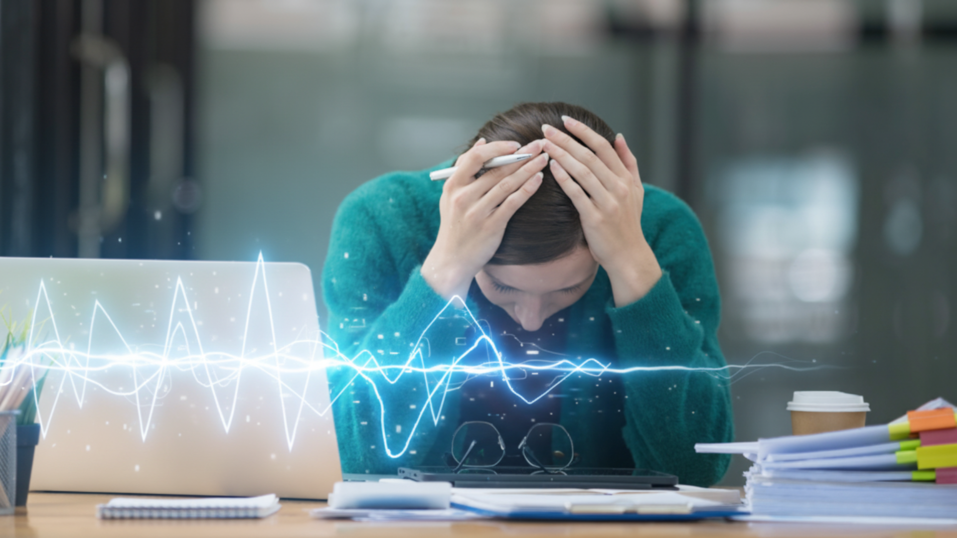 Femme stressée à un bureau avec des papiers, une tasse à café, un ordinateur et des graphiques lumineux holographiques