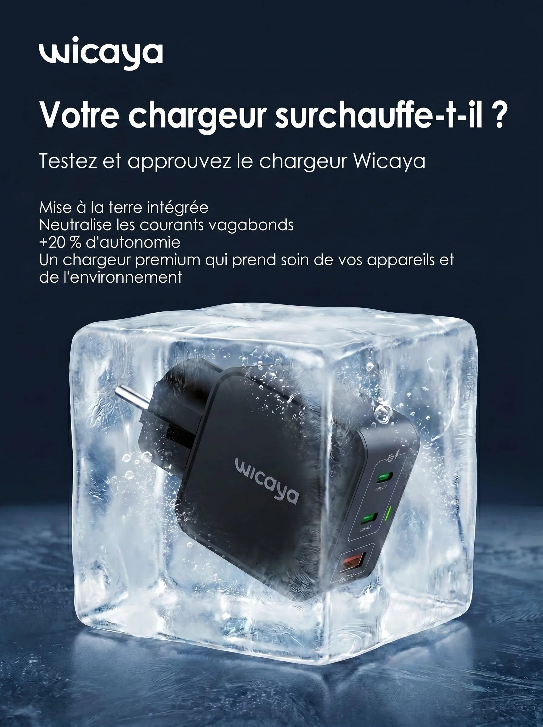 Une photo d'un chargeur Wicaya suspendue dans un bloc de glace.