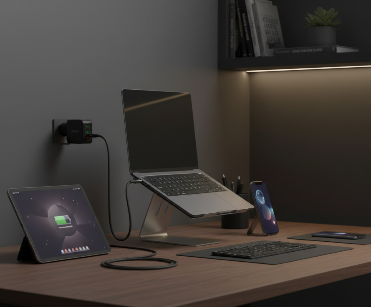 Bureau avec ordinateur portable sur support, tablette, smartphone, clavier, souris, et une lampe de lecture, dans un environnement moderne et organisé.
