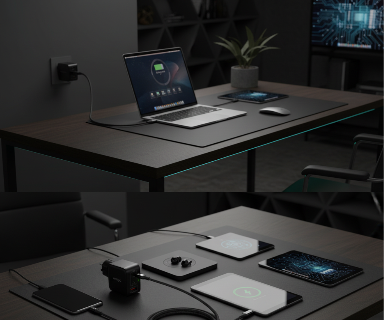 Deux bureaux modernes avec des appareils électroniques, un avec un ordinateur portable, une tablette, une souris, une plante et des cassettes vidéo, et l'autre avec un smartphone, des écouteurs, une station de charge, un disque dur, un livre, une tablette et un cache-cœur, dans un environnement de bureau sombre avec un éclairage subtil.