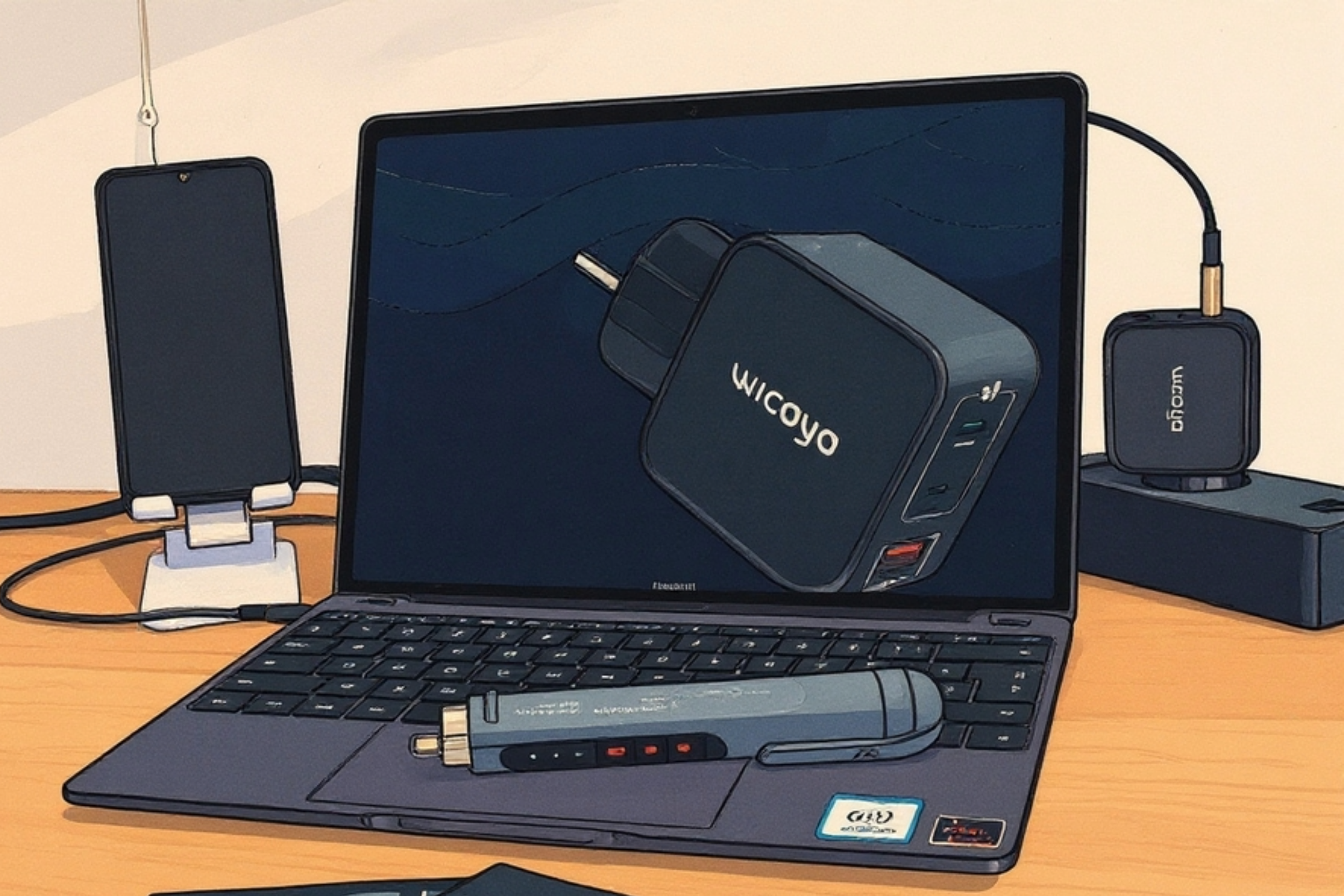 Une illustration d'une station de travail avec un ordinateur portable, un detecteur de tension sns contact et un chargeur de la marque WICAYA.