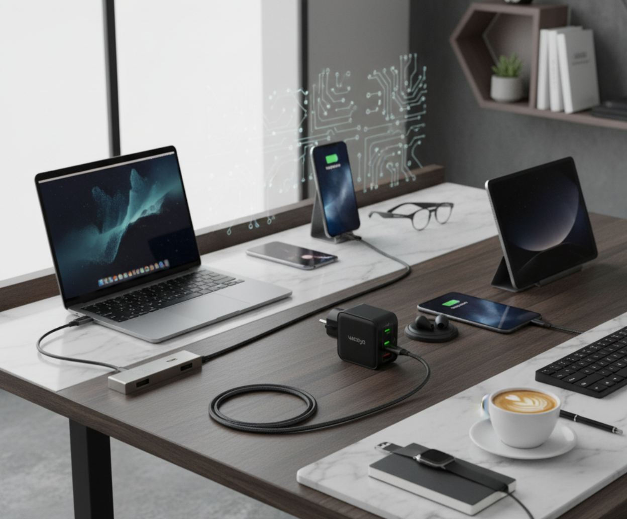 Bureau de travail avec un ordinateur portable, deux smartphones en charge, une paire de lunettes, un haut-parleur, un clavier, une tasse de café avec latte art, des écouteurs sans fil et une lampe