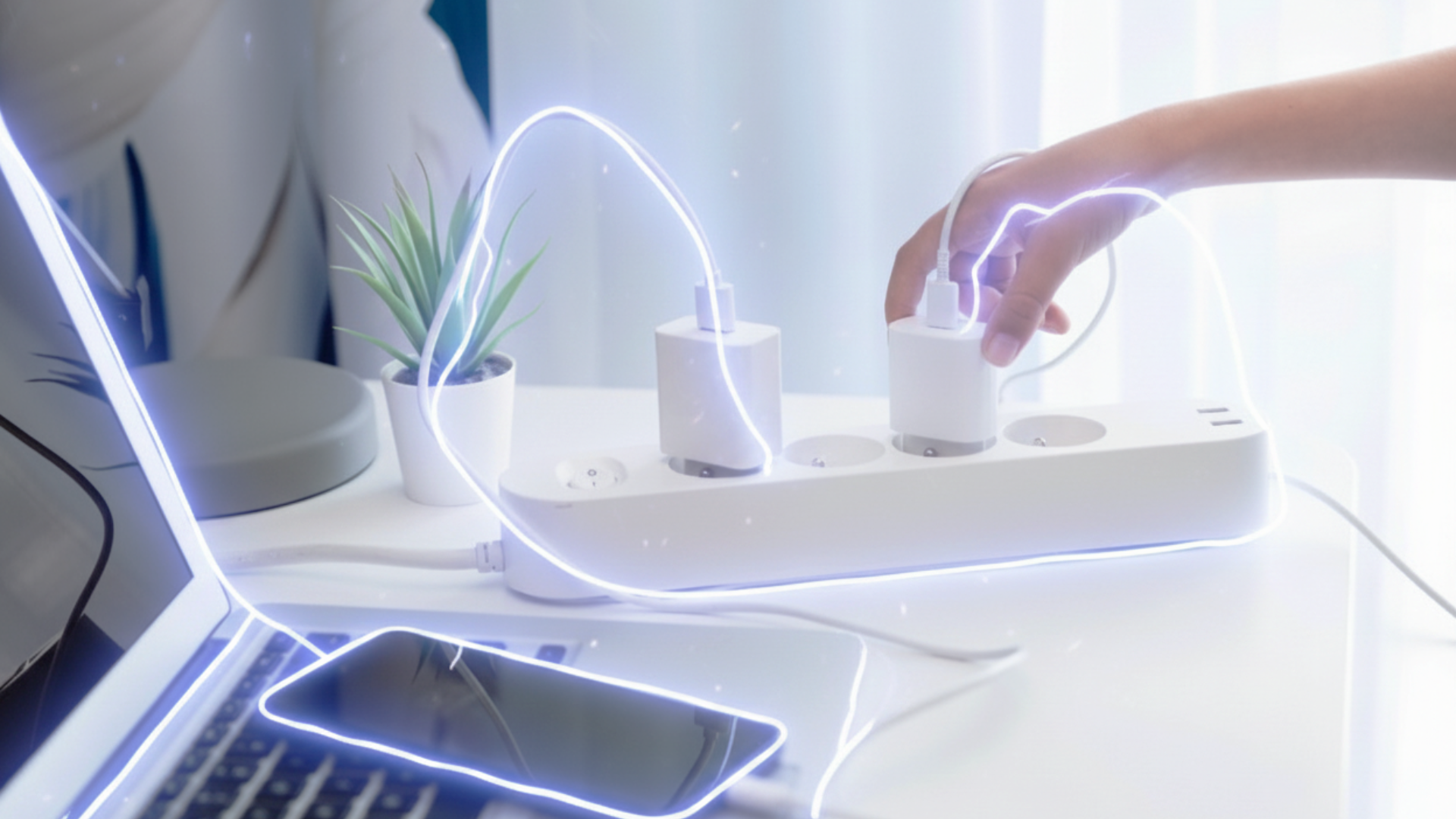 Une personne débranche un câble électrique sur une multiprise blanche à côté d'une plante verte et d'un ordinateur portable.