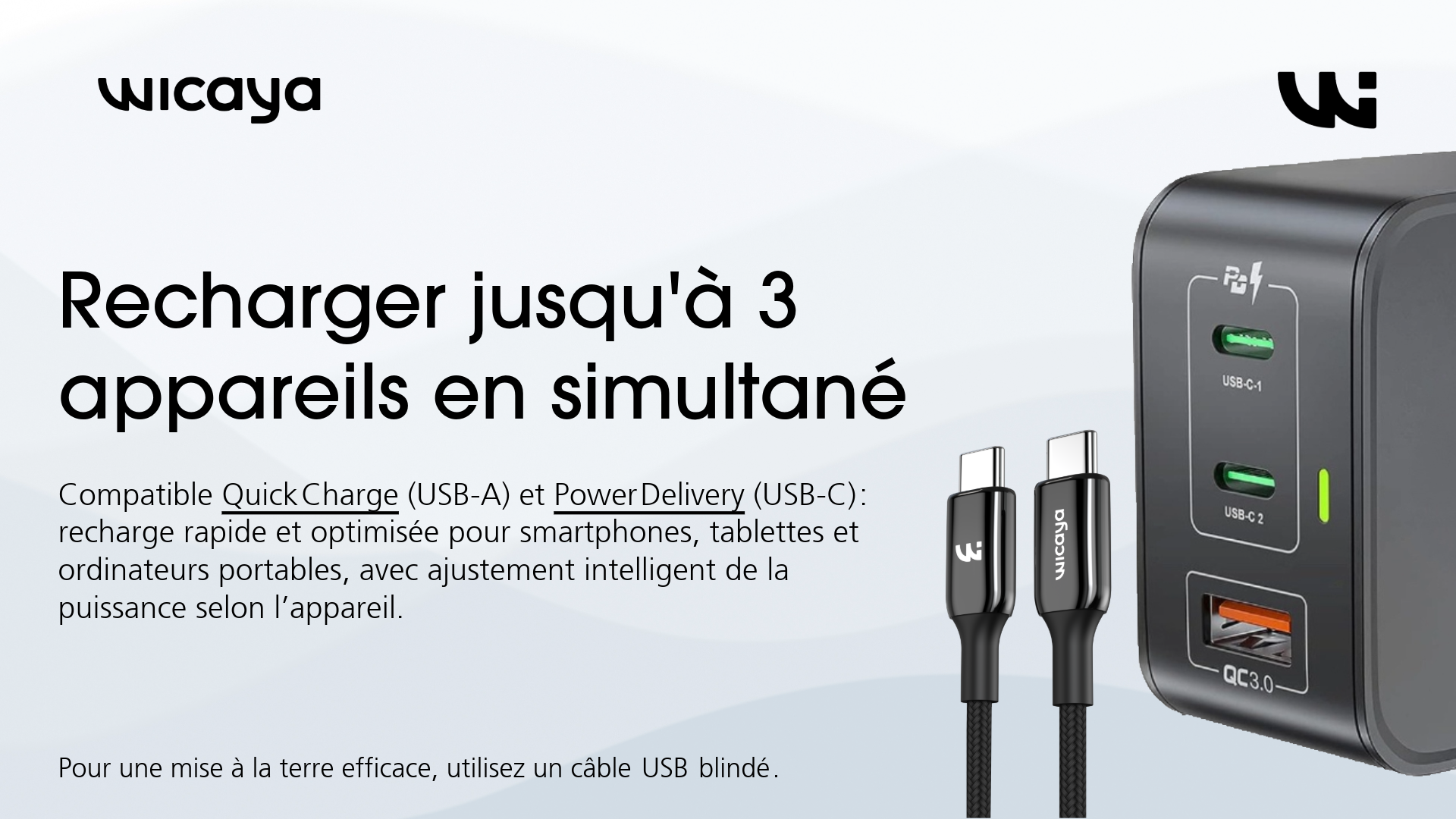 Publicité pour un chargeur multi-ports avec deux câbles USB-C, indiquant la capacité de recharge simultanée de trois appareils, compatible Quick Charge et Power Delivery.