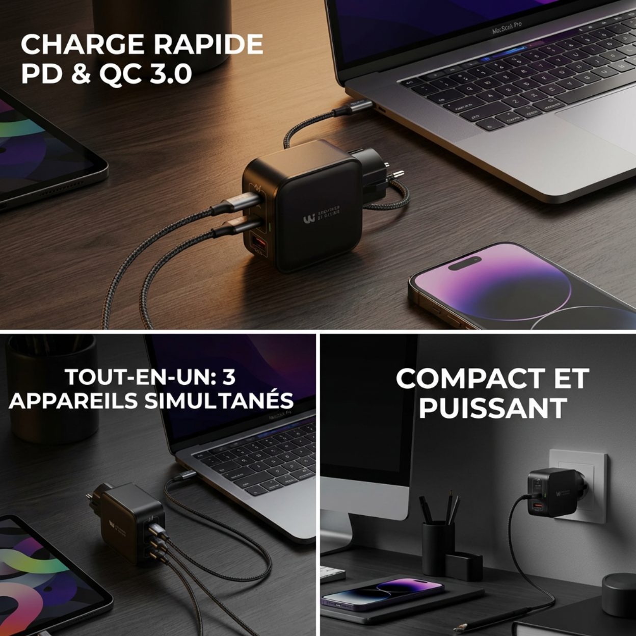 Un chargeur rapide multifonction connecté à plusieurs appareils électroniques, notamment un téléphone, un ordinateur portable et une tablette, affichant la compatibilité PD et QC 3.0, compact et puissant.