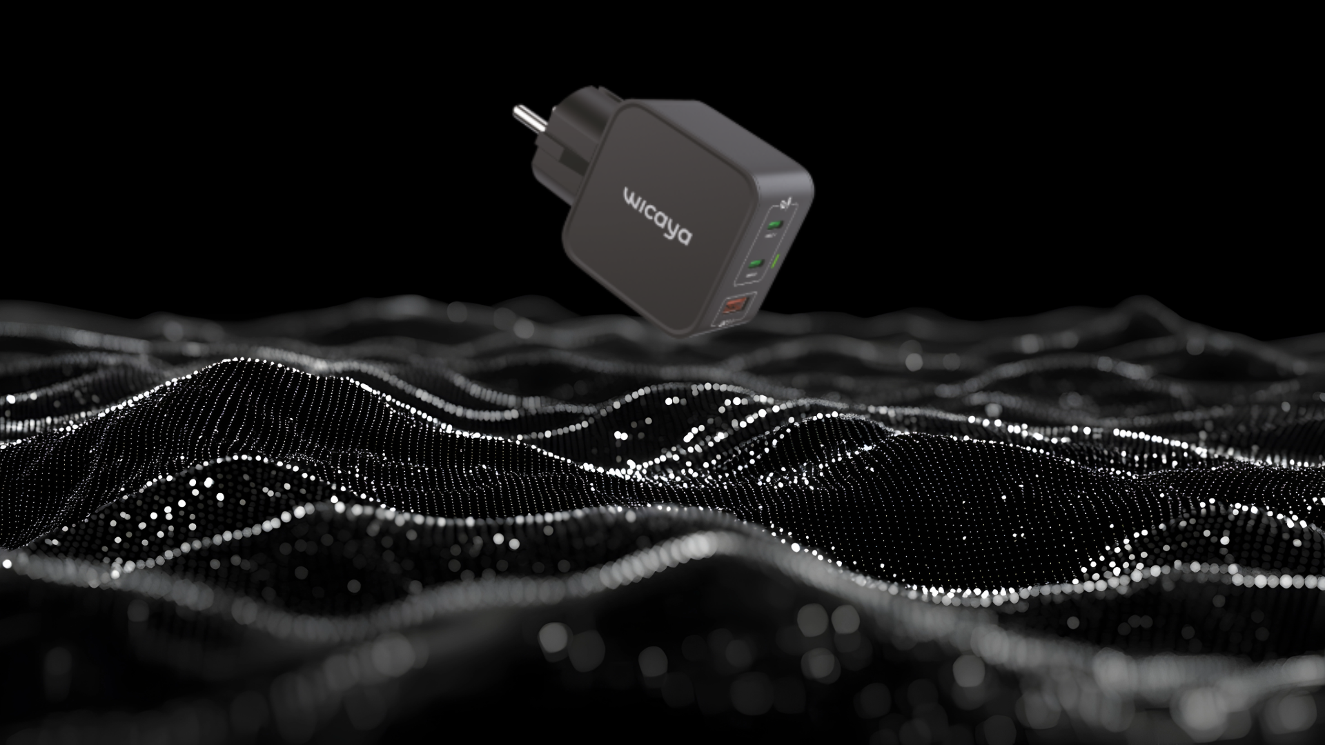 Une prise électrique avec un chargeur portable Wicaya suspendu au-dessus d'une surface en forme de vagues faites de points lumineux blancs sur un fond noir.