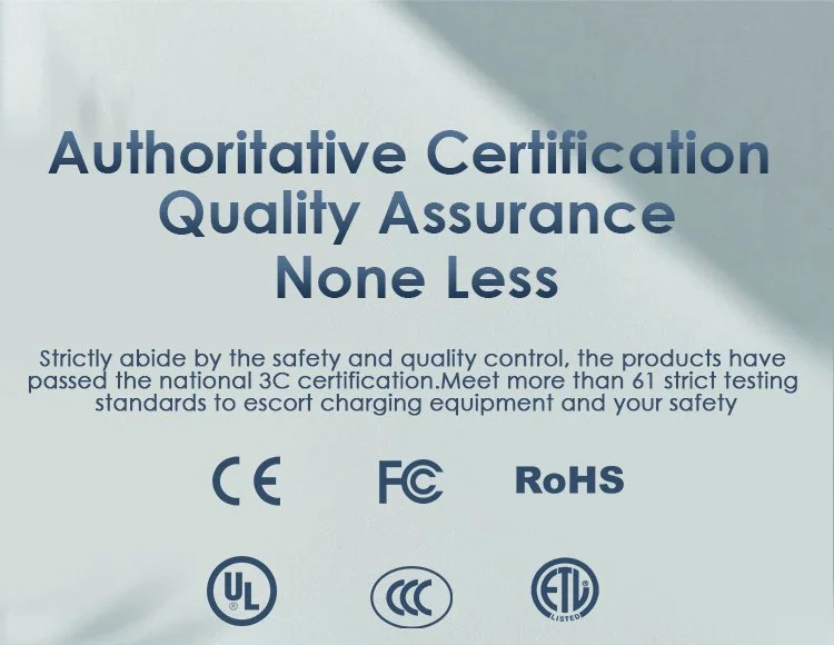 Certificat attestant la conformité aux normes de sécurité et de qualité, avec des logos de certification tels que CE, FCC, RoHS, UL, CCC, ETL.
