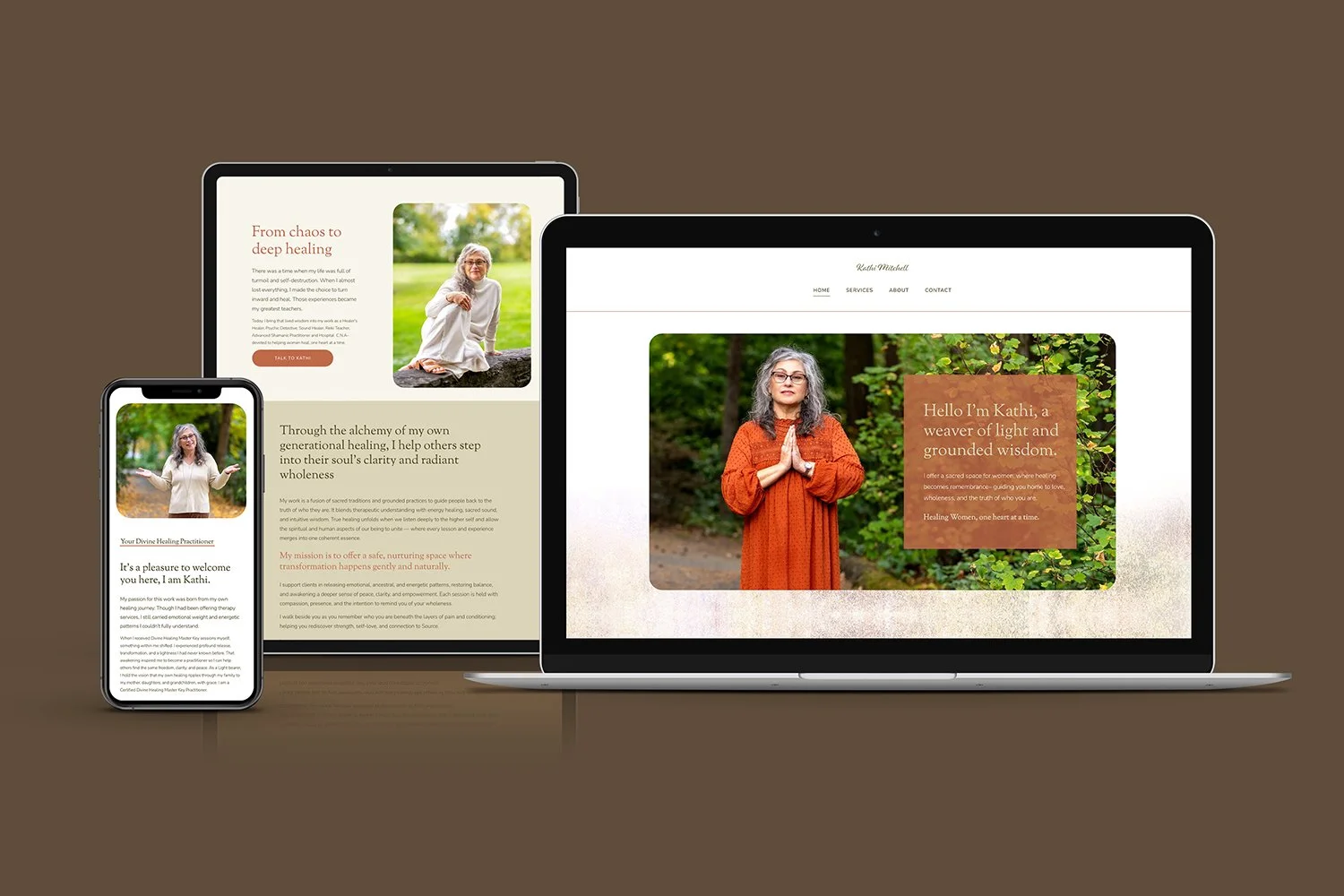Responsive website displayed on a smartphone, laptop, and tablet screens featuring a woman with gray hair in an orange dress, with text about healing and wisdom, set in outdoor greenery.