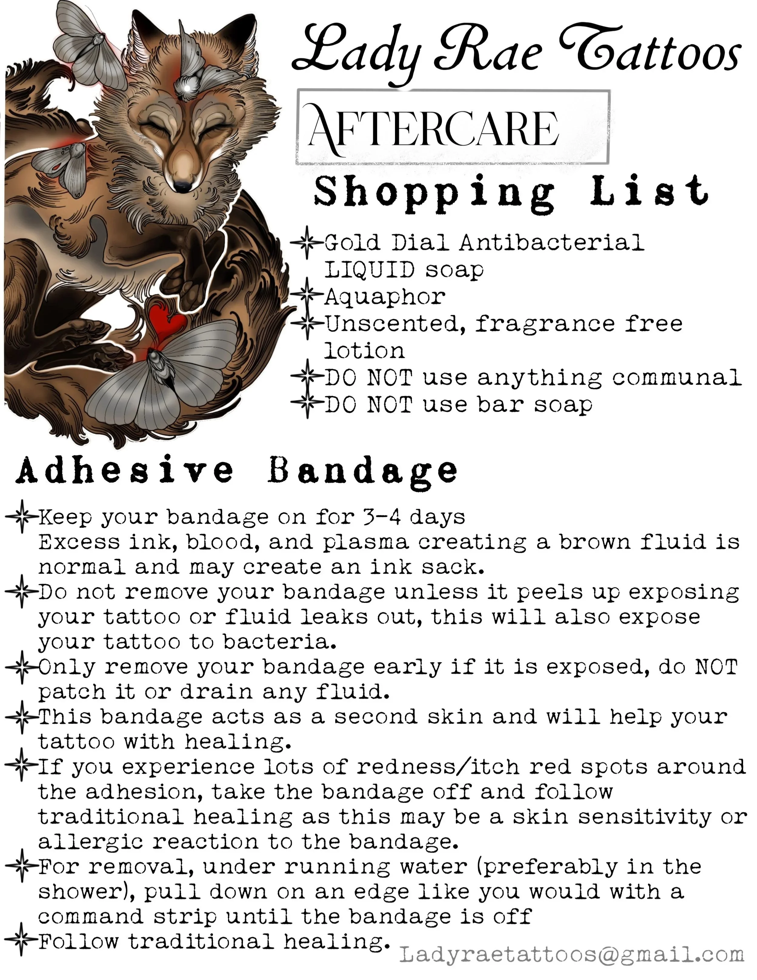 A detailed instructions sheet from Lady Rae Tattoos listing aftercare and adhesive bandage information for tattoo care, featuring a design with a fox's face, butterflies, and some floral elements.