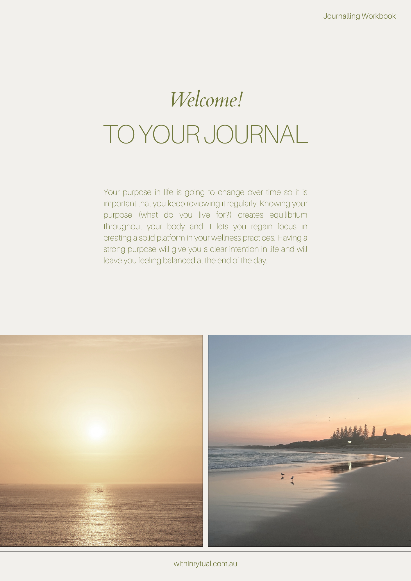 Two beach scenes at sunset, with the left showing a golden sky and calm ocean, and the right showing a pastel sky with a shoreline, trees, and seagulls.