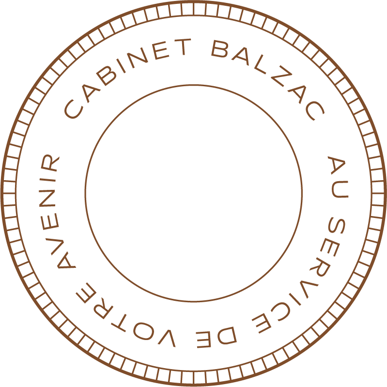Autocollant circulaire avec texte en français indiquant 'Avertir Cabinet Balzac au service de votre vie' autour d'un centre vide.