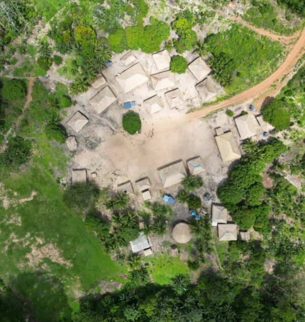 Aerial view of a small village with multiple thatched roof huts surrounded by green trees and a dirt road.