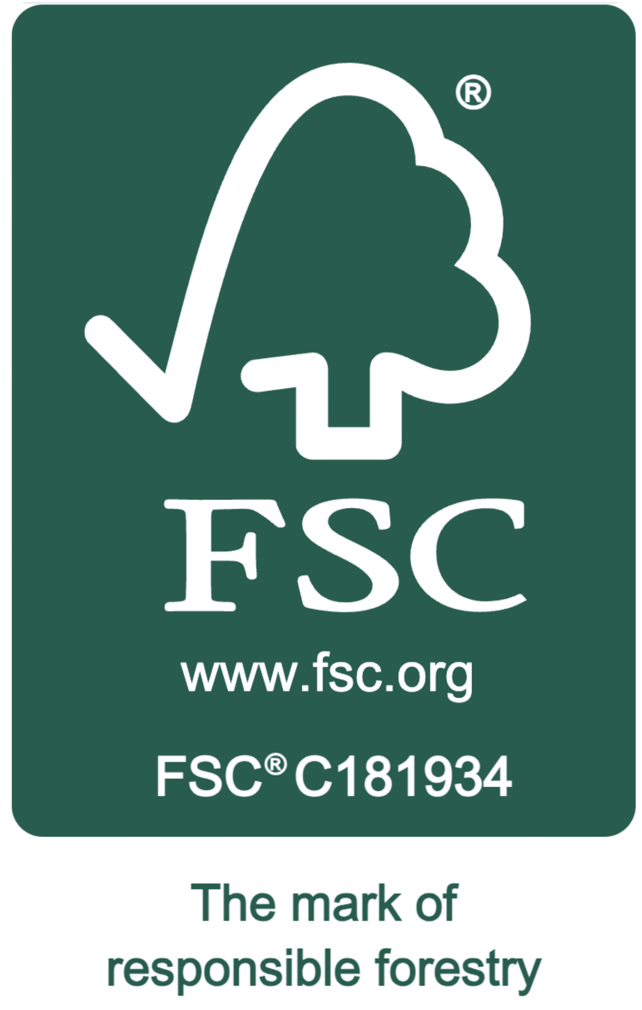 FSC certification logo featuring a stylized tree with a checkmark integrated into its design, and text indicating FSC certification and responsibility in forestry.