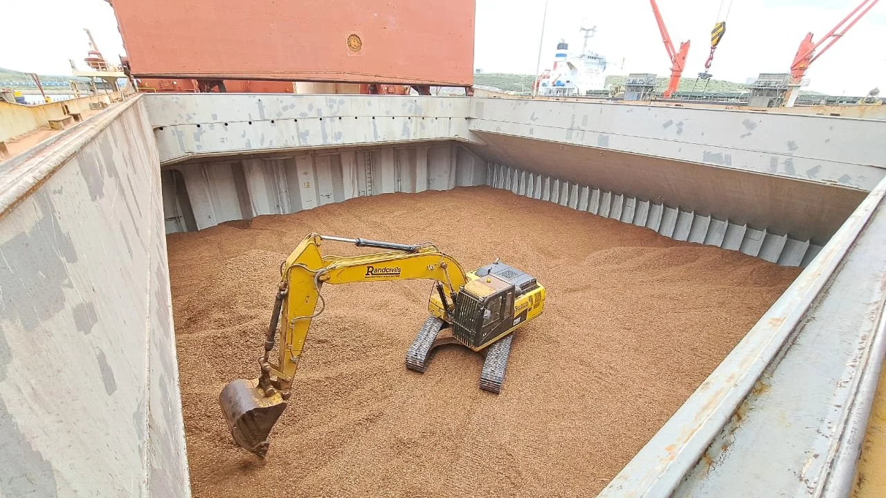 A small yellow excavator on a cargo ship's container hold filled with brown grain or sand, with cranes and port infrastructure in the background.