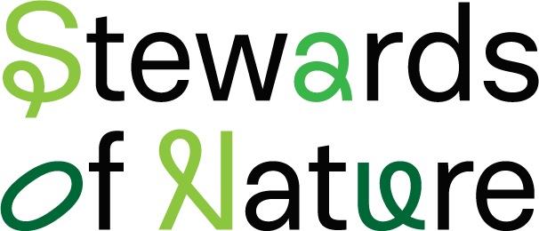 Stylized text reading 'Stewards of Nature' with words in different shades of green and gray.