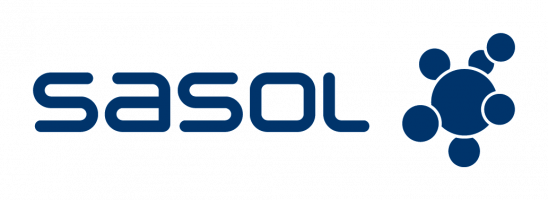 The logo of Sasol, a company with the name in blue lowercase letters and a molecular structure graphic to the right.