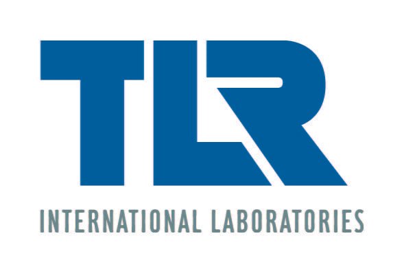 Logo of TLR International Laboratories with blue and gray text