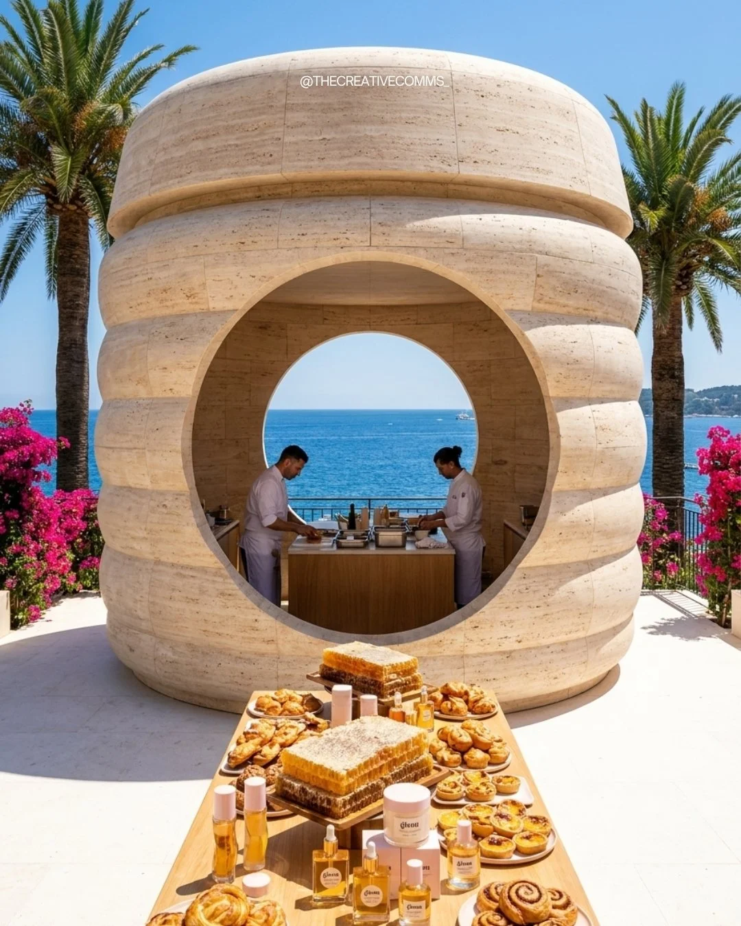 Vista de una terraza con vista al mar, con un asiento circular de piedra y dos chefs preparando comida en el interior. En primer plano, una mesa con varios postres y frascos de perfume o cosméticos.
