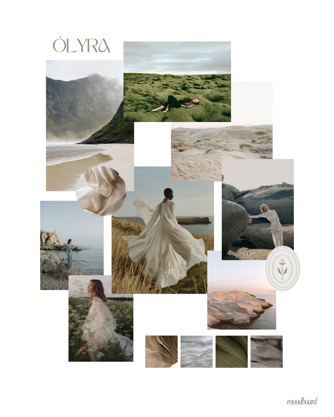 Moodboard de dirección creativa y estrategia de marca para Ólyra — identidad visual por The Creative Comms