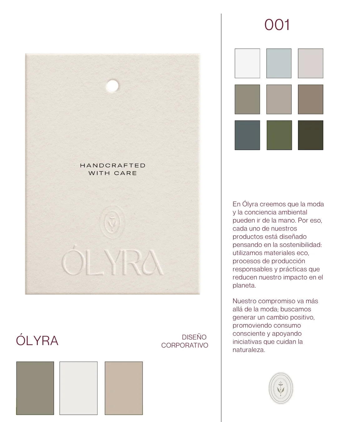 Etiqueta de producto y paleta cromática de la identidad Ólyra