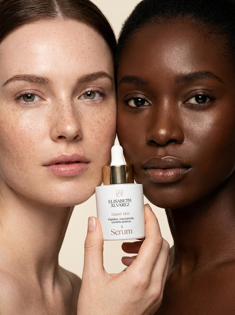 Campaña beauty Elisabeth Álvarez Cosmetics con serum Glazed Skin, dirección creativa The Creative Comms