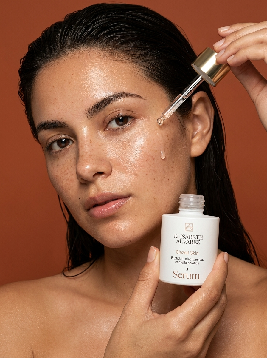Modelo aplicando sérum Glazed Skin de Elisabeth Álvarez Cosmetics, campaña de producto
