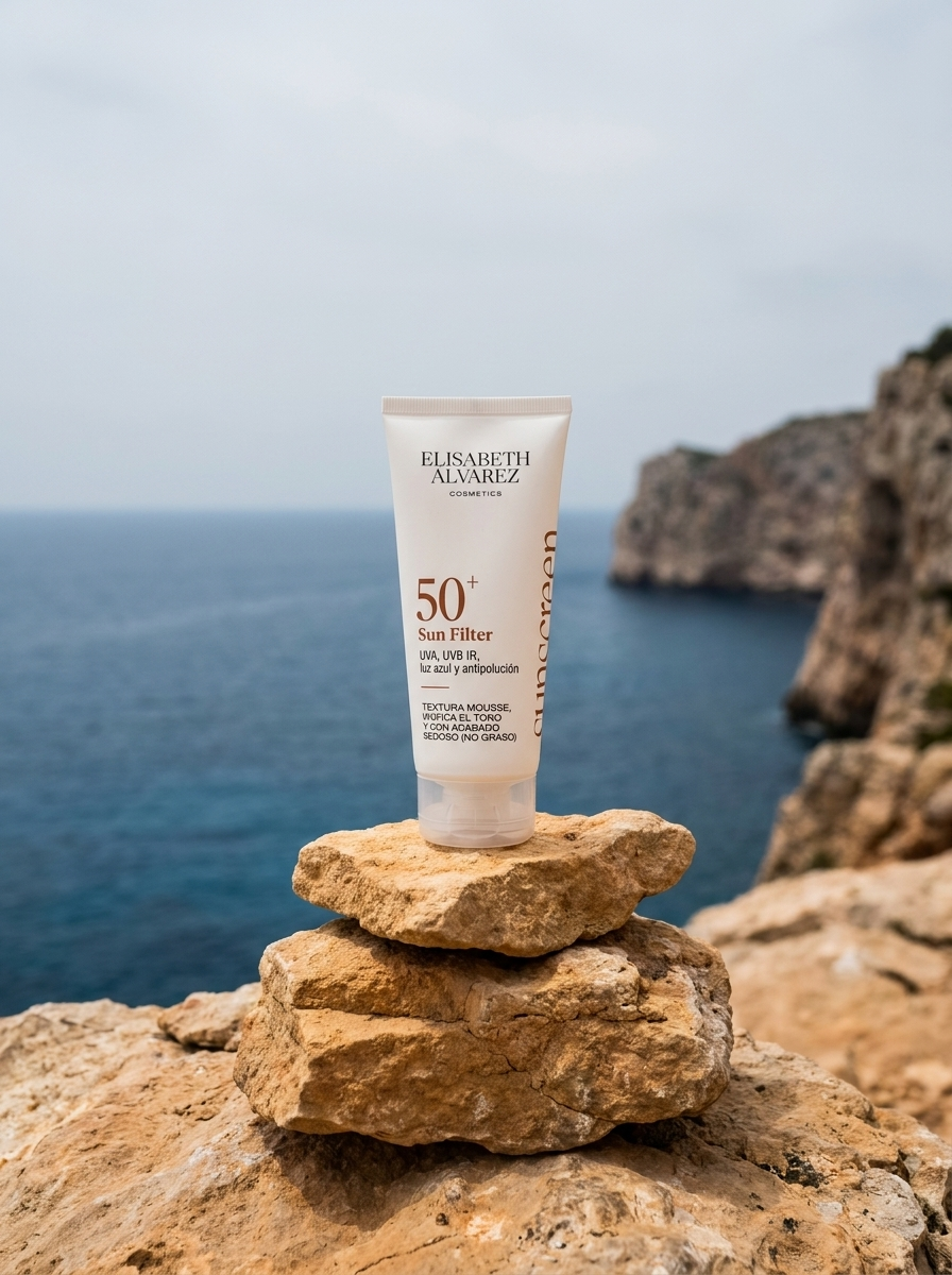 Fotografía de producto lifestyle para Elisabeth Alvarez Cosmetics Sun Filter — dirección creativa por The Creative Comms