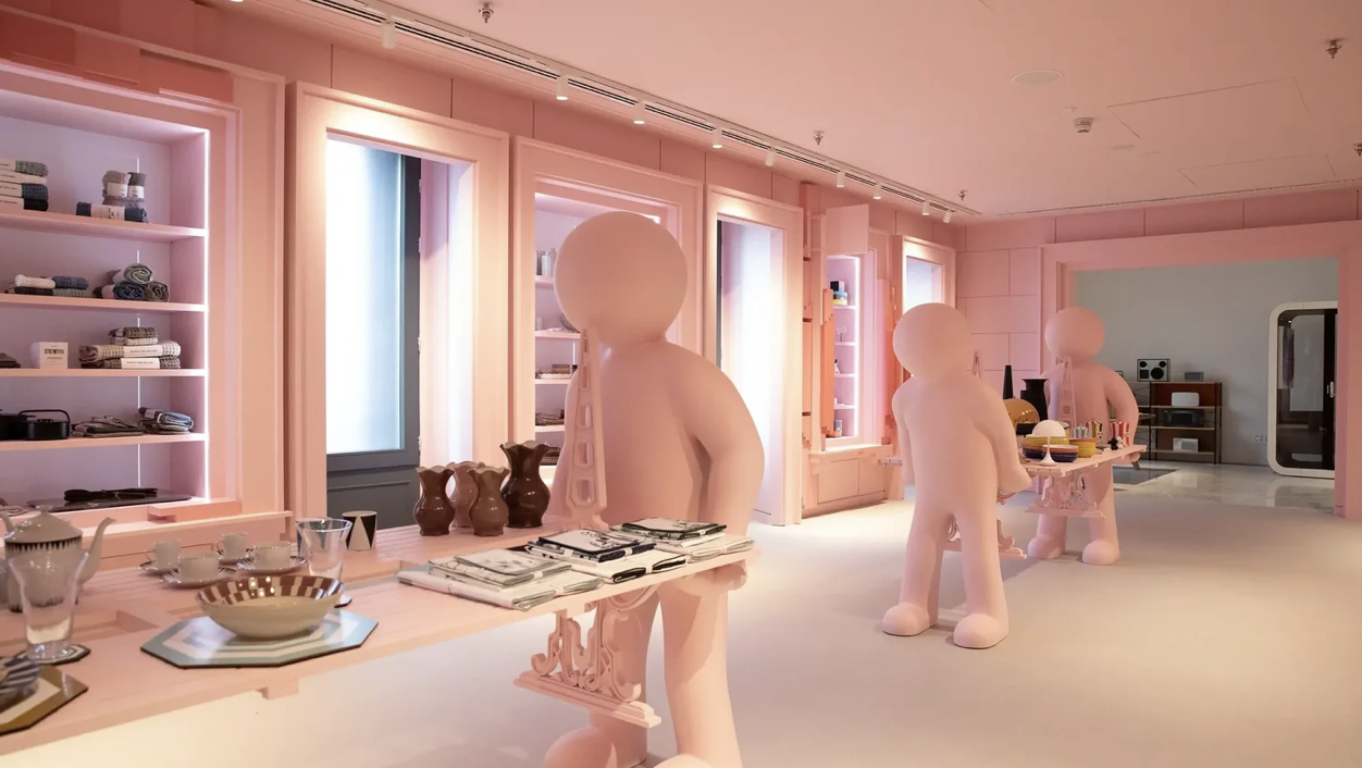 Espacio expositivo en tonos rosa de WOW Concept con figuras decorativas y menaje de diseño