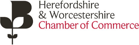 Logo of Herefordshire & Worcestershire Chamber of Commerce with a black stylized plant on the left and text in black and red on the right