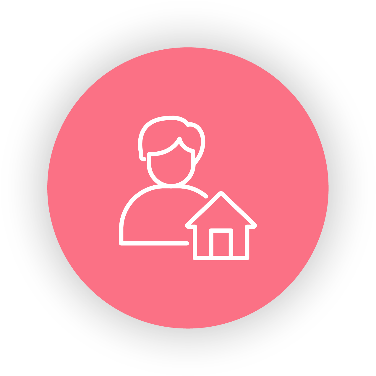 Icon of a person and house on a pink circular background with a gray border